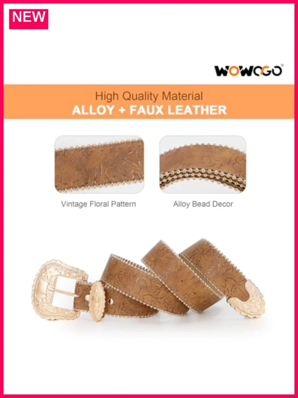 Faux Leather Western Floral Belt with Bead Decor for Women